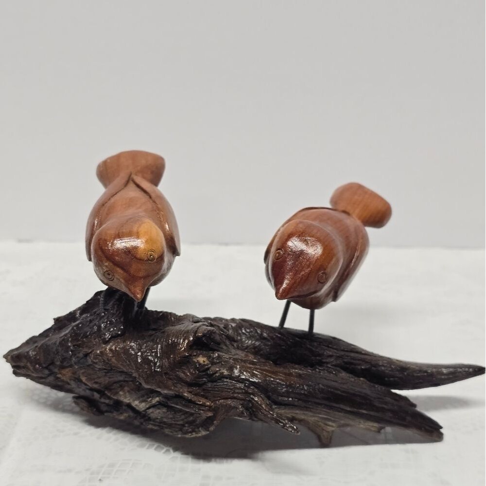 Vintage 1985 Signed Artisan Hand Carved Folk Art Driftwood Birds Sculpture